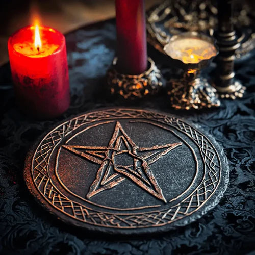 an image of a magickal pentacle on an altar with candles.
