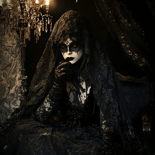 An image of a woman wearing a black hekate outfit.