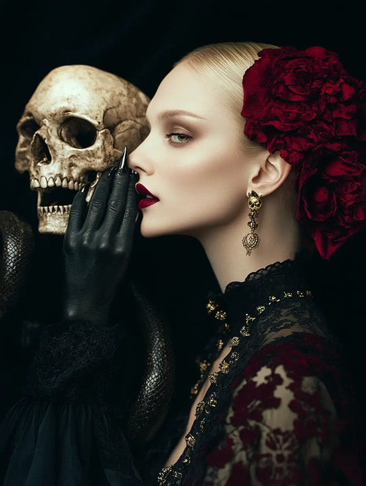 An image of a woman whispering into the ear of a skull representing the energy of the Expose Their Secrets Spell