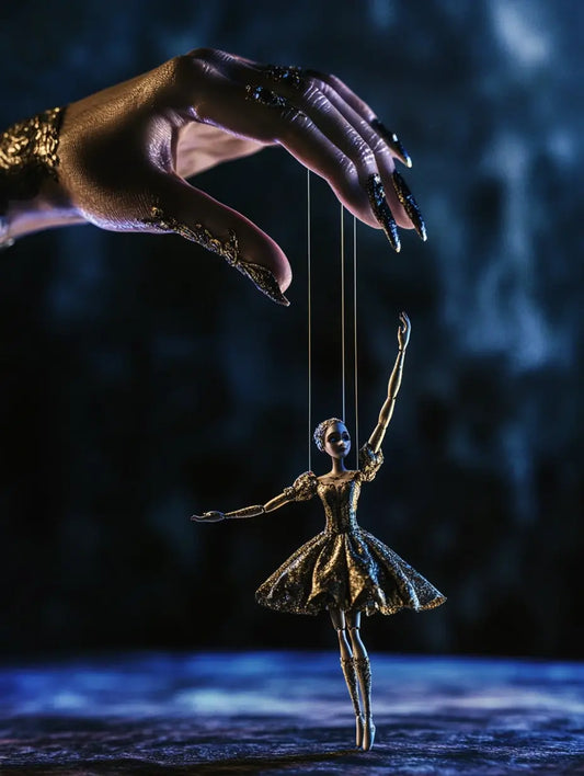 An image of a hand manipulating a puppet representing the energy of the target domination spell