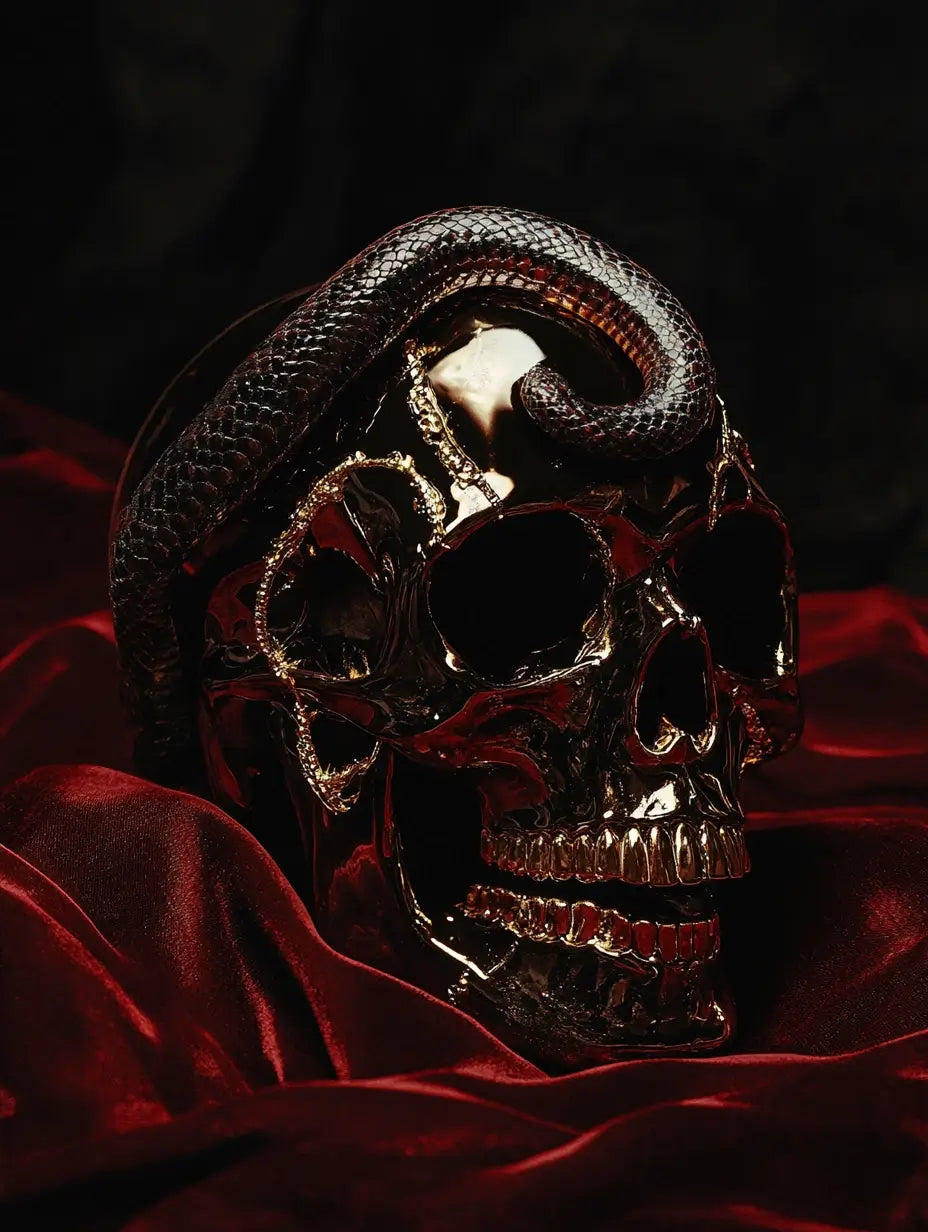 An image of a golden skull with a snake around it, representing the energy of the Total Destruction Hex Curse