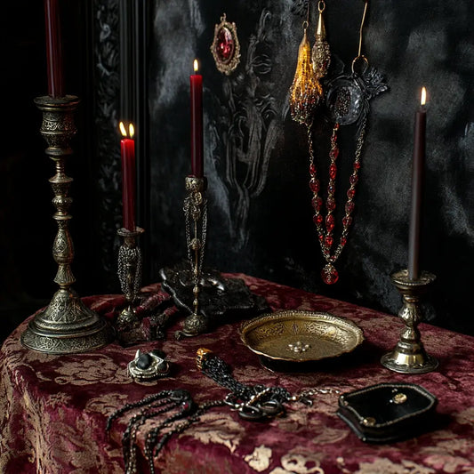 Picture of an altar showing talismans and candles for a custom ritual made by Elie Sireth