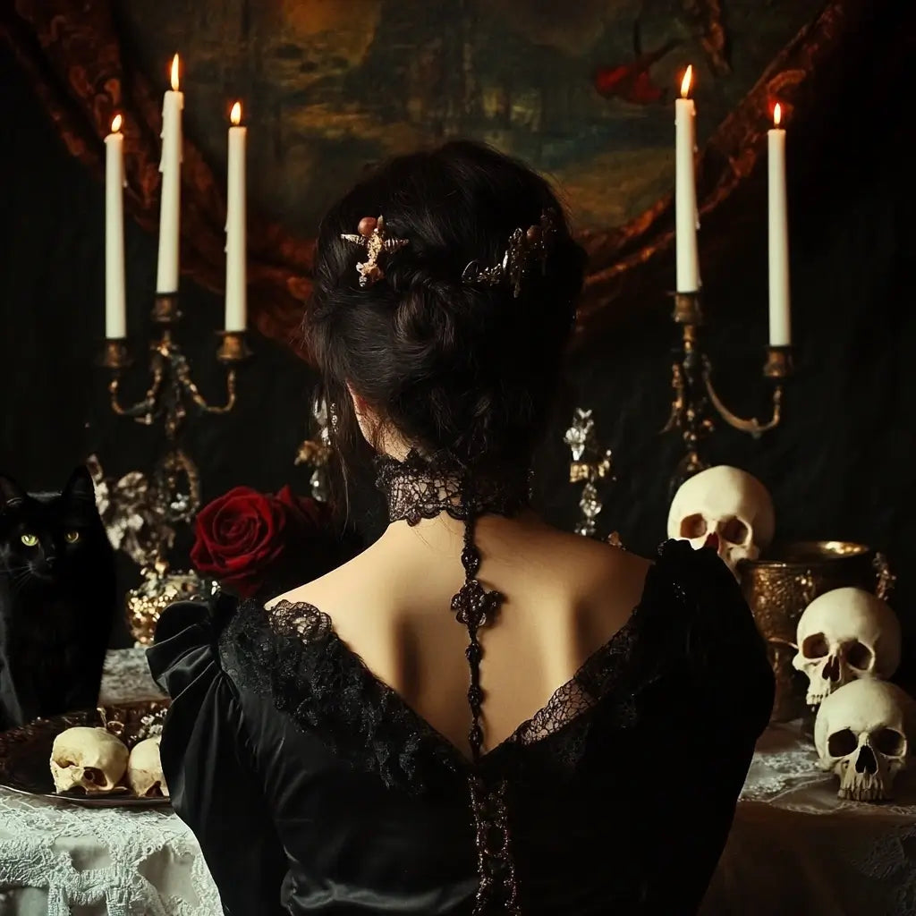 An image of a witch looking at her altar.