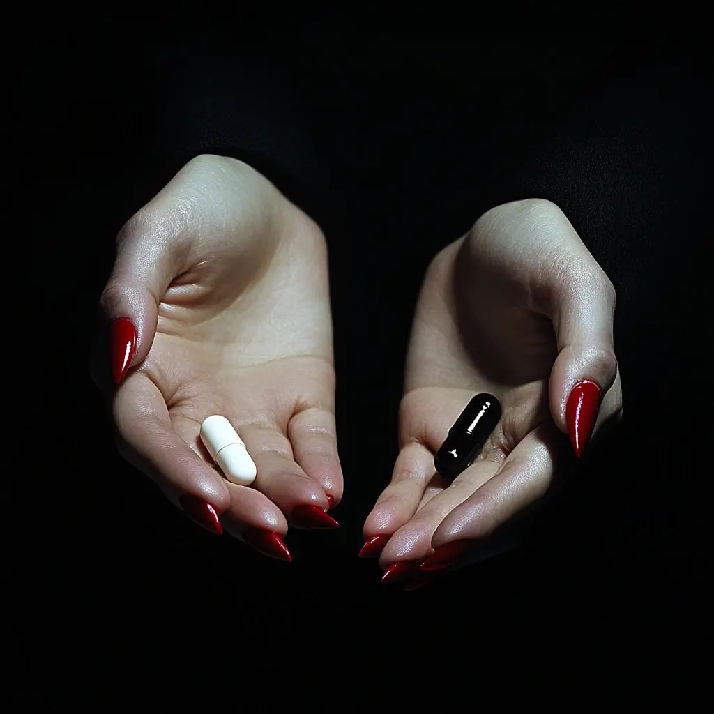 An image with women's hands offering the choice between a black and a white pill representing black and white magic.