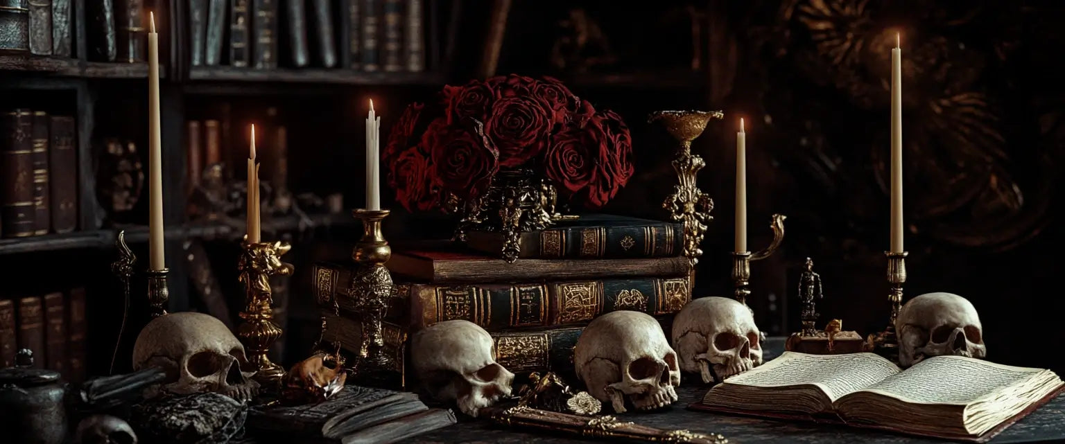 AN IMAGE OF AN ALTAR WITH BOOKS, ROSES, CANDLES AND SKULLS