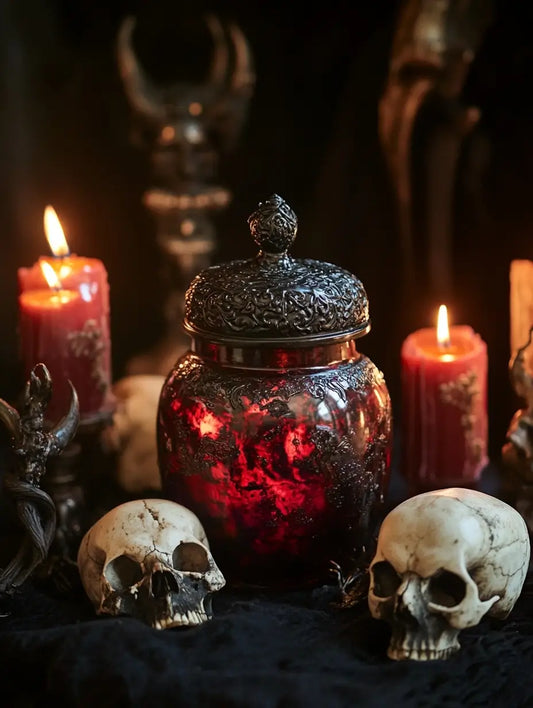 An image of a Spell Jar with skulls and candles