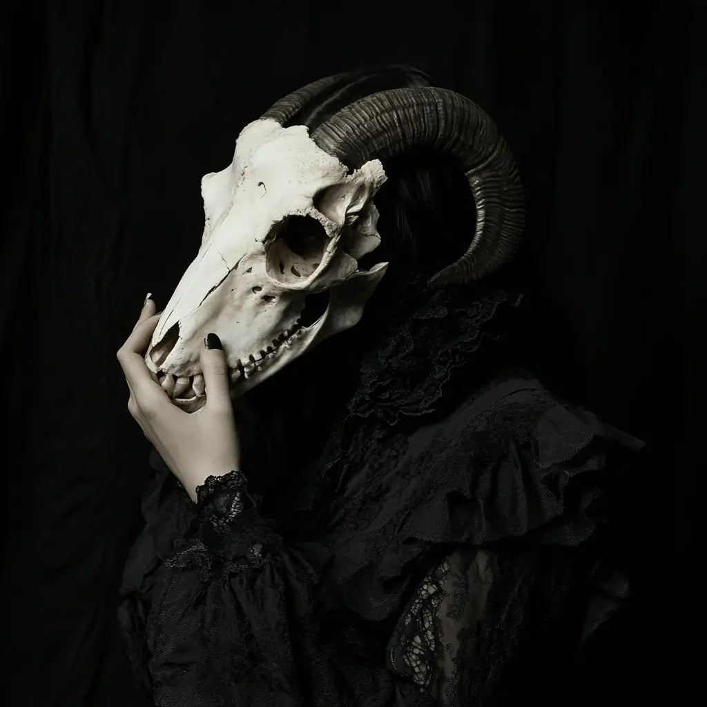 An image of a woman wearing a goat's head mask.