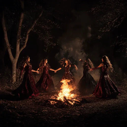 An image of five witches dansing around a fire.