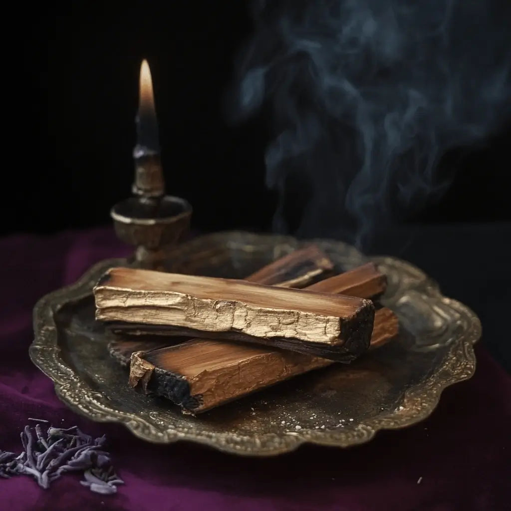 An image of palo santo burning on an altar.