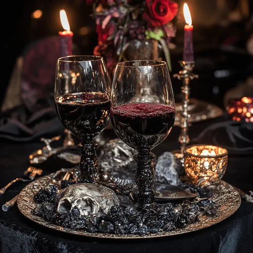 A table with red wine, candles and roses representing the festivities of sabbats and esbats.