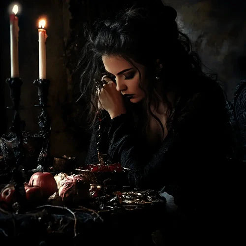 An image of a witch performing a ritual on his altar.