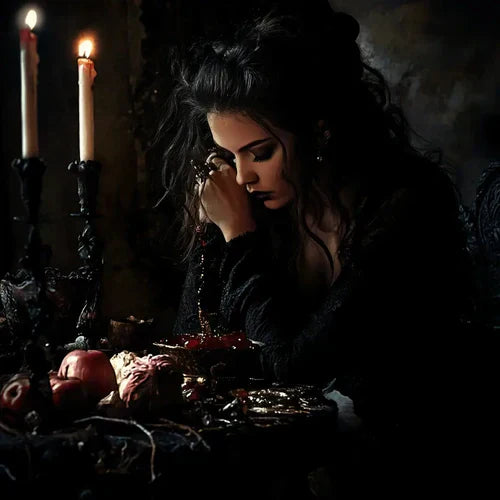 An image of a witch performing a ritual on his altar.