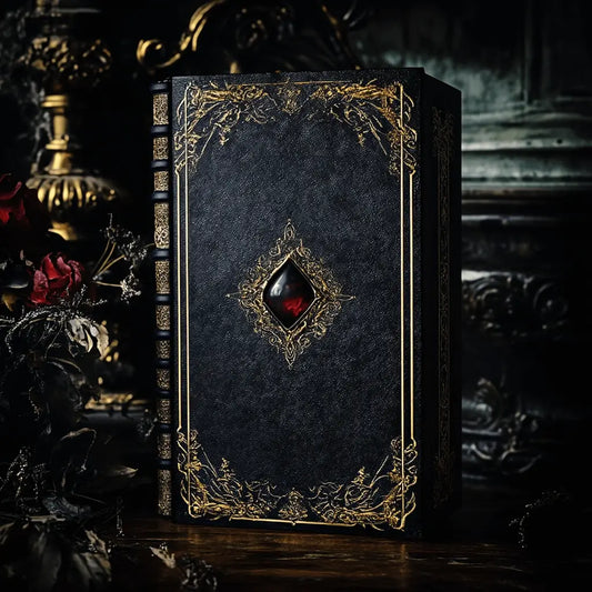 A black grimoire on an altar.