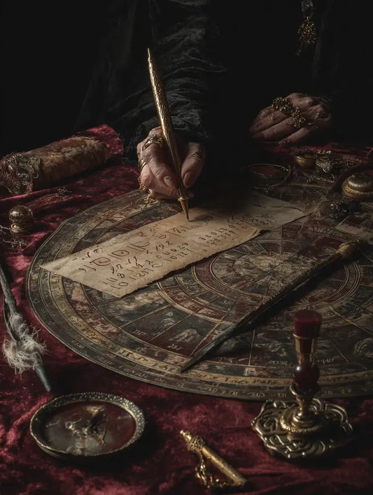 Woman writing on a parchment.