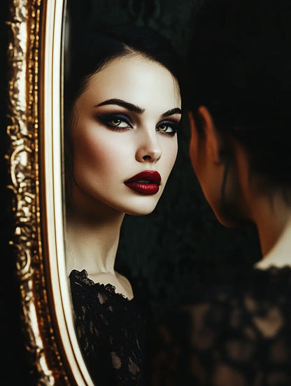 An image of a beautiful woman looking into a mirror representing the energy of the Beauty glamour Spell