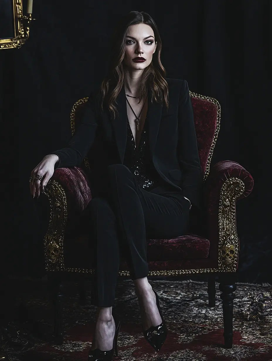 An image of a powerful, charismatic woman sitting on a seat representing the energy of the Become Powerful Woman Spell