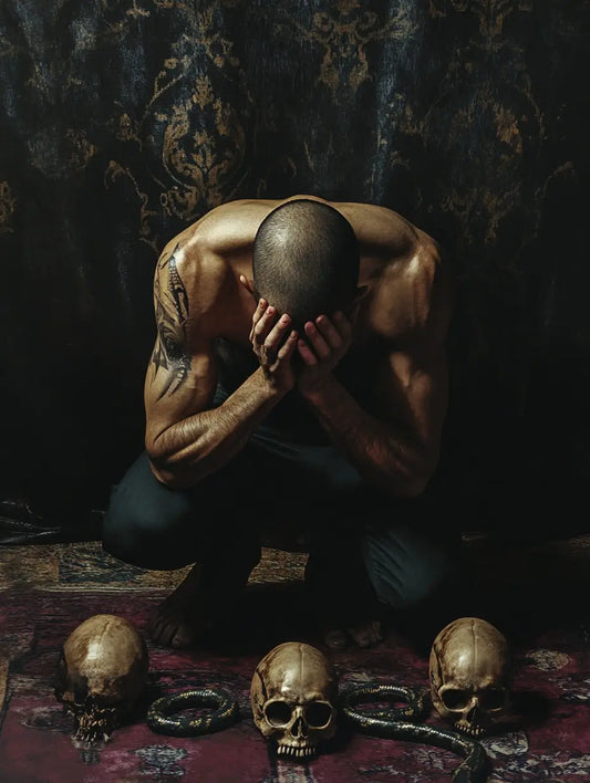 An image of a man on his knees weeping, representing the energy of the Eternal Regret Spell.