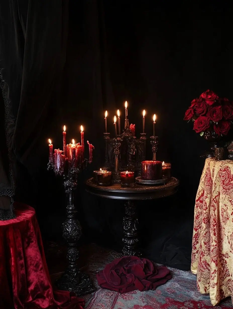 An image of an altar with candles, roses representing the energy of the Hecate’s Sacred Night