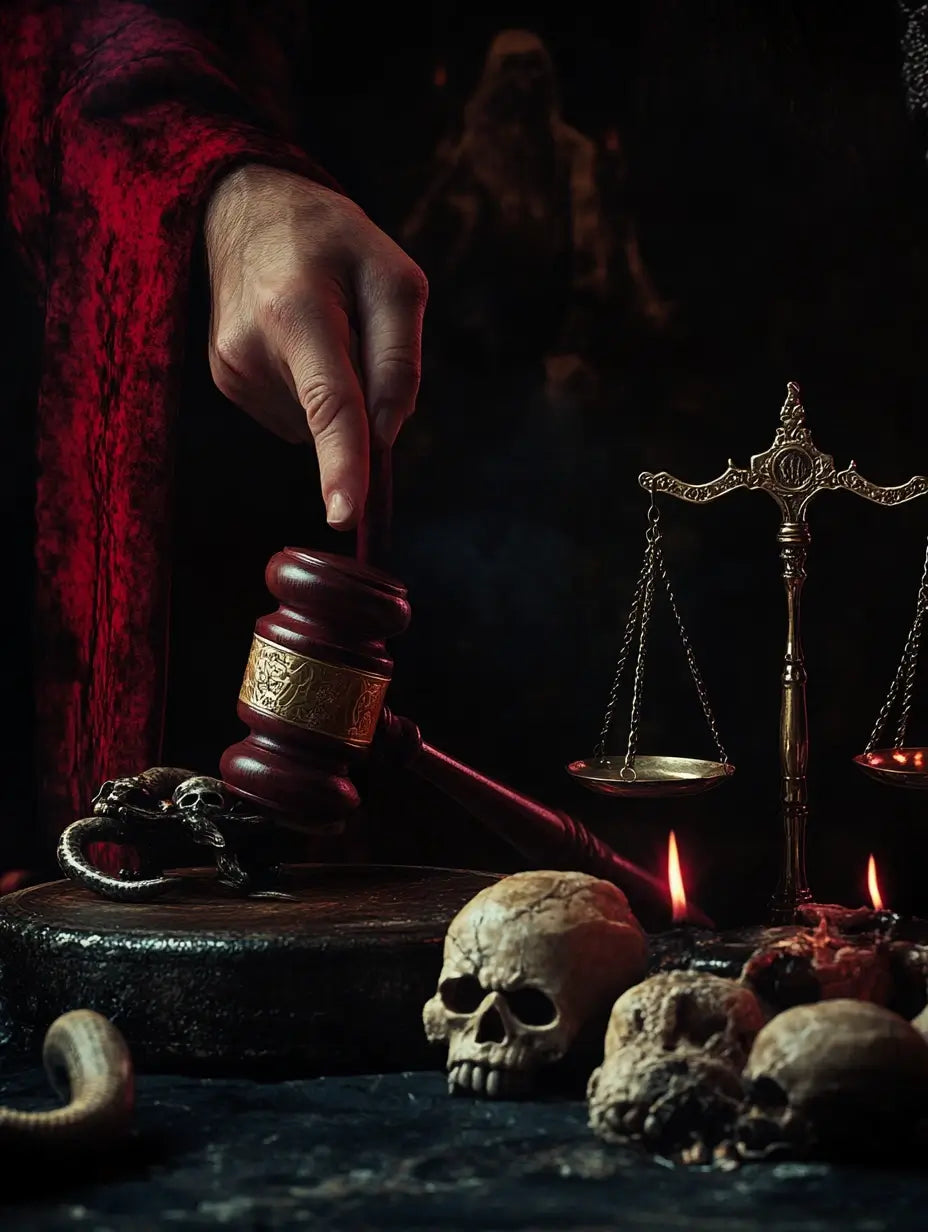 An image of a judge banging his gavel and a balance representing the energy of the Justice and Legal Victory Spell