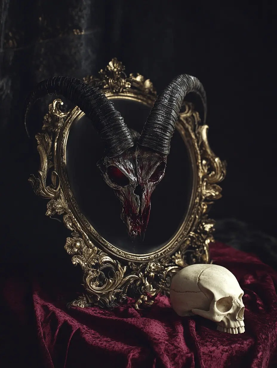 An image of a mirror and a goat's skull representing the energy of the Return To Sender Hex Spell