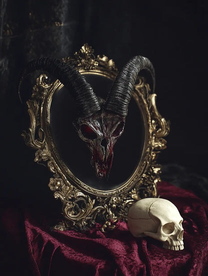 An image of a mirror and a goat's skull representing the energy of the Return To Sender Hex Spell