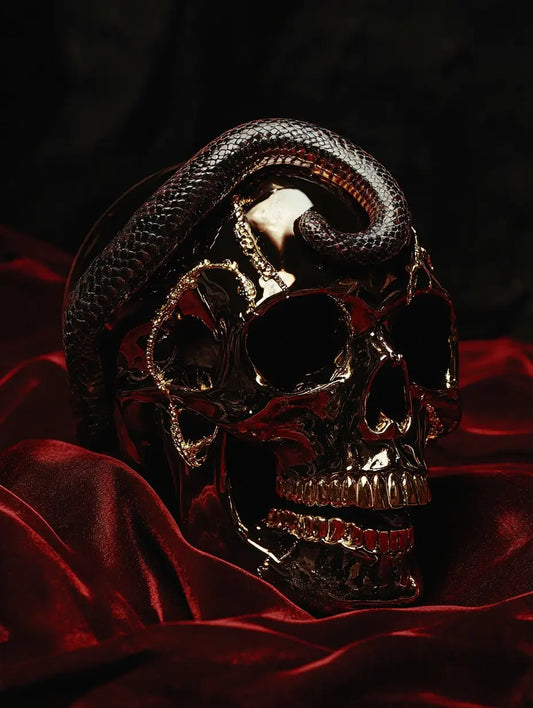 An image of a golden skull with a snake around it, representing the energy of the Revenge hex curse.