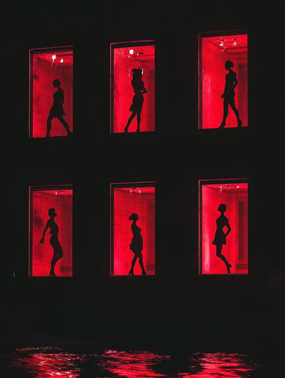 An image of 6 sex workers in red showcases representing the energy of the Sex Worker Protection Spell