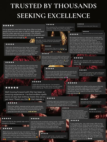 An image showing hundreds of customer reviews of ElieMystic ritual results.