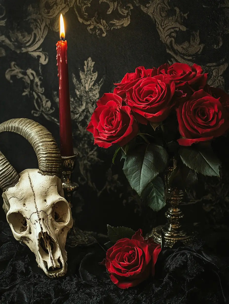 An image of an altar with a goat's skull, roses and a red candle representing the energy of the True Love Attraction Spell