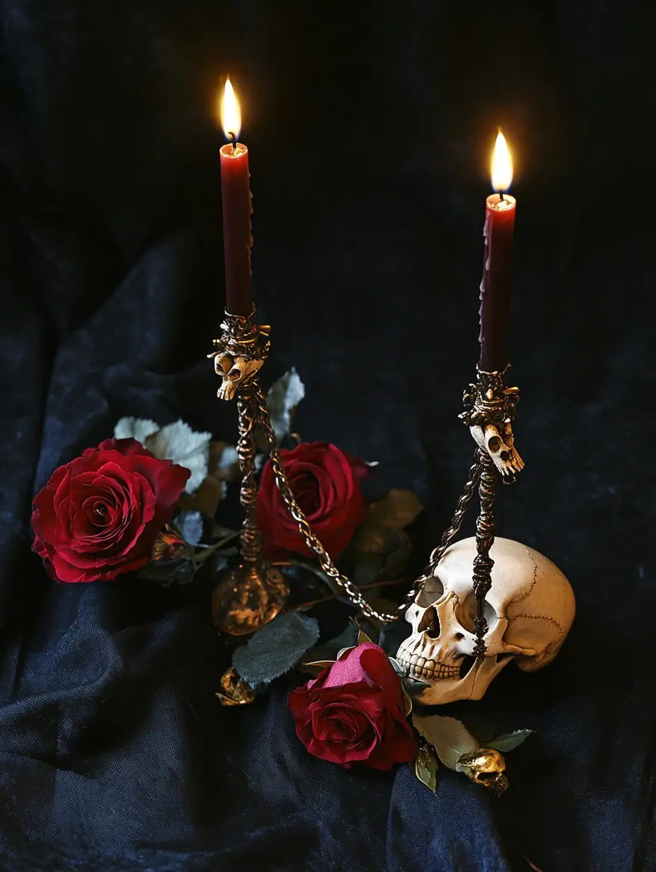 Cord cutting ritual candles burning to sever energetic ties and toxic attachments on a witchcraft altar.