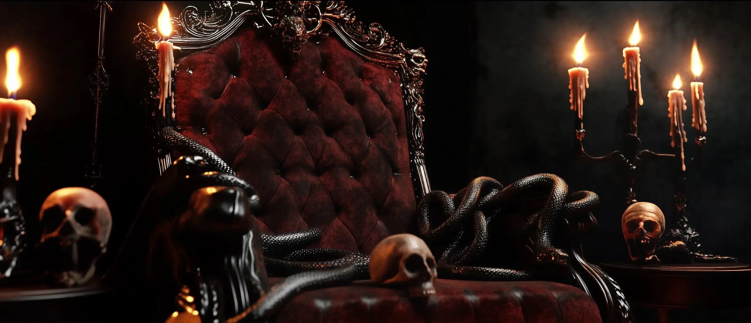 A picture of a red armchair surrounded by snakes, skulls and candles in a magical atmosphere.