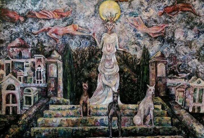 Painting of Hecate with her 3 dogs.