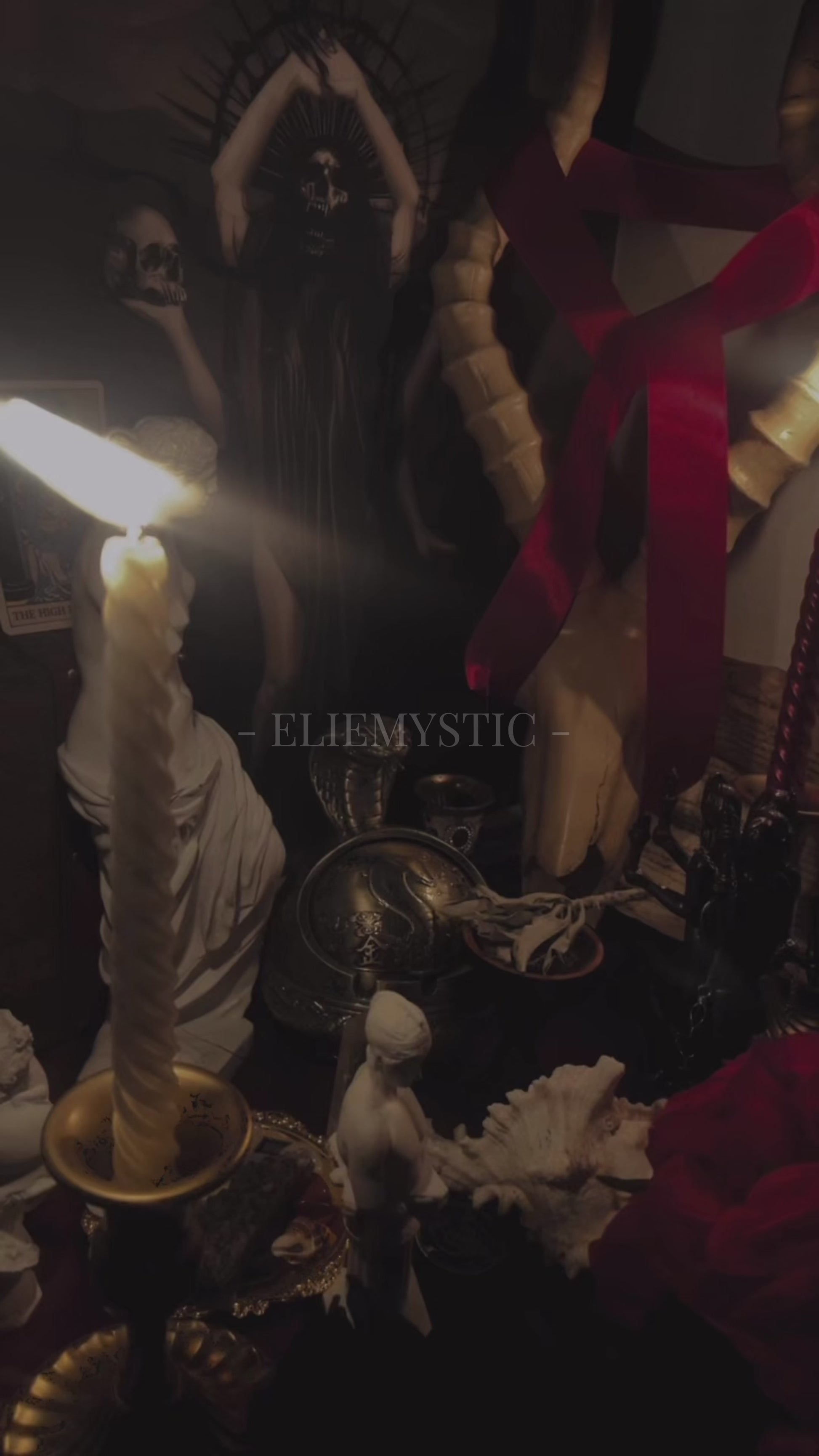 A video showing a small excerpt from one of Elie Sireth's altars. It shows a skull, a scorpion, demon sigils, sacred stones, a feather, a potion, roses and more.