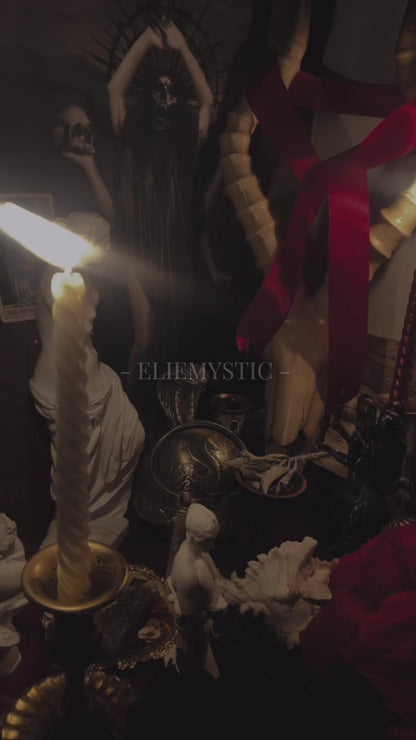 A video showing a small excerpt from one of Elie Sireth's altars. It shows a skull, a scorpion, demon sigils, sacred stones, a feather, a potion, roses and more.