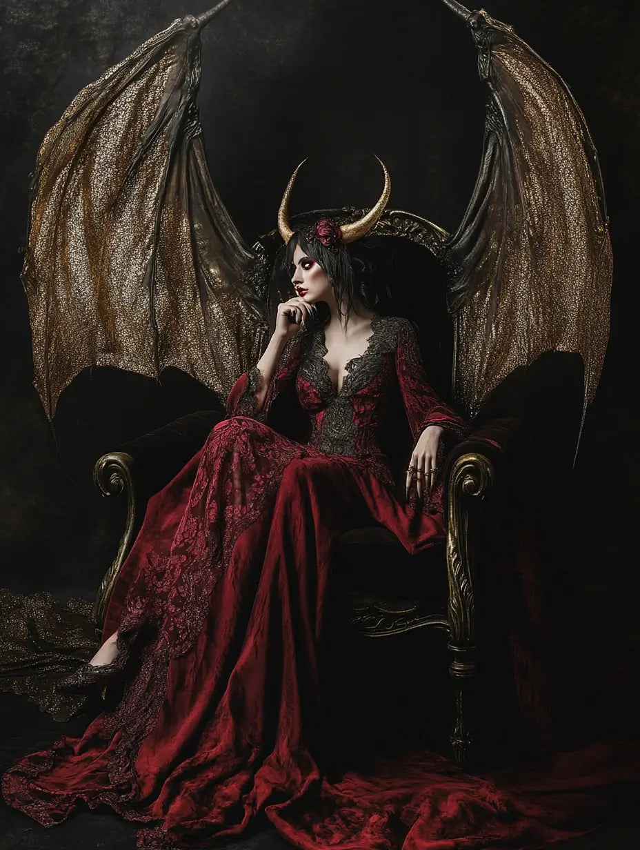 Painting of a succubus with wings and horns sitting on a chair representing the energy of the succubus seduction spell